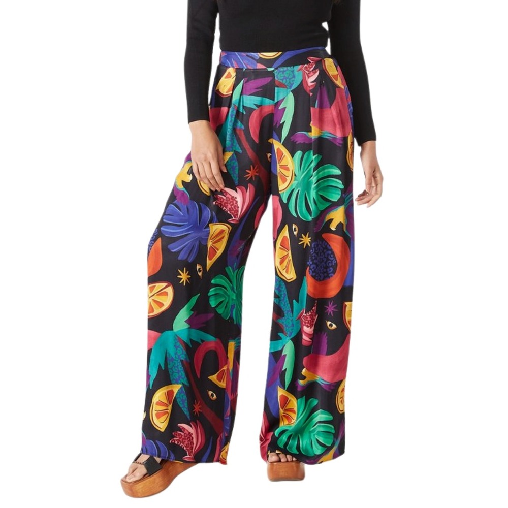 Farm Rio Pants Womens Large Mystic Jungle Wide Leg Tropical Fruit Print Colorful